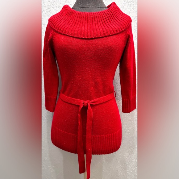 Women’s Red Sparkle Off Shoulder/Cowl Neck 3/4 Sleeves Tunic Sweater w/Belt - Picture 4 of 7